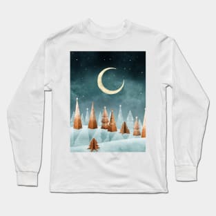 Magic winter forest watercolor illustration. Gingerbread Christmas trees winter landscape. Fantasy Candy world moonlight scenery. Cookie trees Long Sleeve T-Shirt